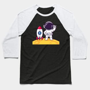 Cute Astronaut Peace On Moon With Rocket Cartoon Baseball T-Shirt